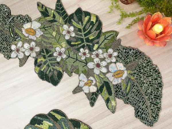 Table Linens | Tropical Leaf And Flower Beaded Table Runner, Runner, 13×36 inches Kitchen Table Linens