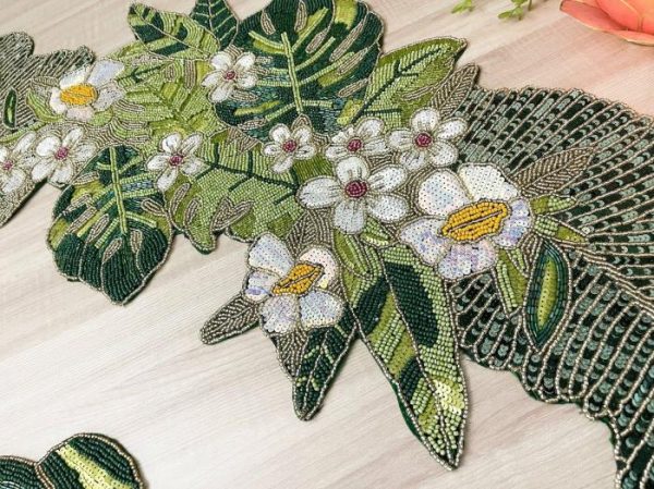 Table Linens | Tropical Leaf And Flower Beaded Table Runner, Runner, 13×36 inches Kitchen Table Linens