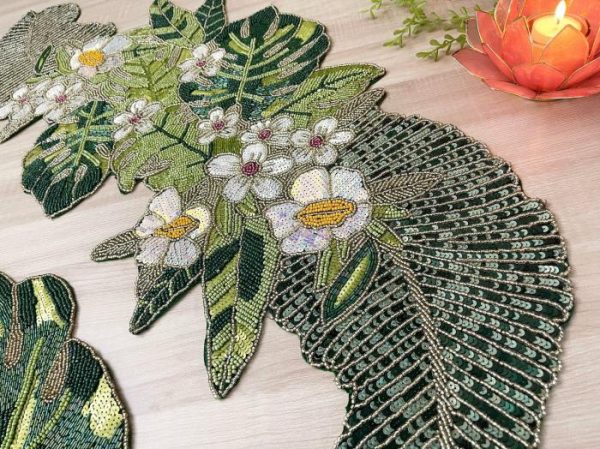 Table Linens | Tropical Leaf And Flower Beaded Table Runner, Runner, 13×36 inches Kitchen Table Linens