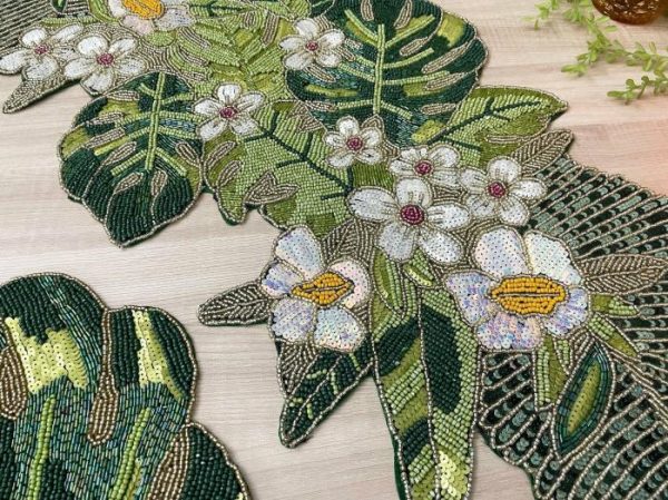 Table Linens | Tropical Leaf And Flower Beaded Table Runner, Runner, 13×36 inches Kitchen Table Linens