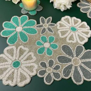 Table Linens | Turquoise Floral Beaded Table Runner And Placemat Set Drinkware Drinkware