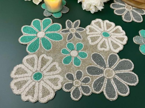 Table Linens | Turquoise Floral Beaded Table Runner And Placemat Set Drinkware Drinkware