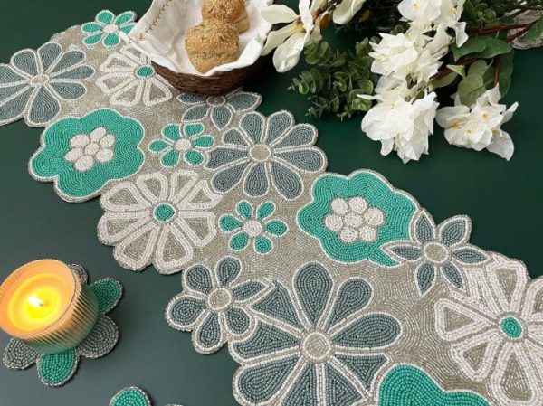 Table Linens | Turquoise Floral Beaded Table Runner And Placemat Set Drinkware Drinkware