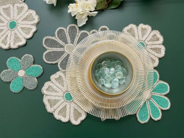 Table Linens | Turquoise Floral Beaded Table Runner And Placemat Set Drinkware Drinkware