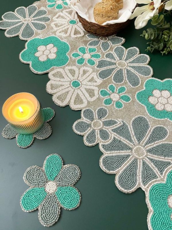 Table Linens | Turquoise Floral Beaded Table Runner And Placemat Set Drinkware Drinkware