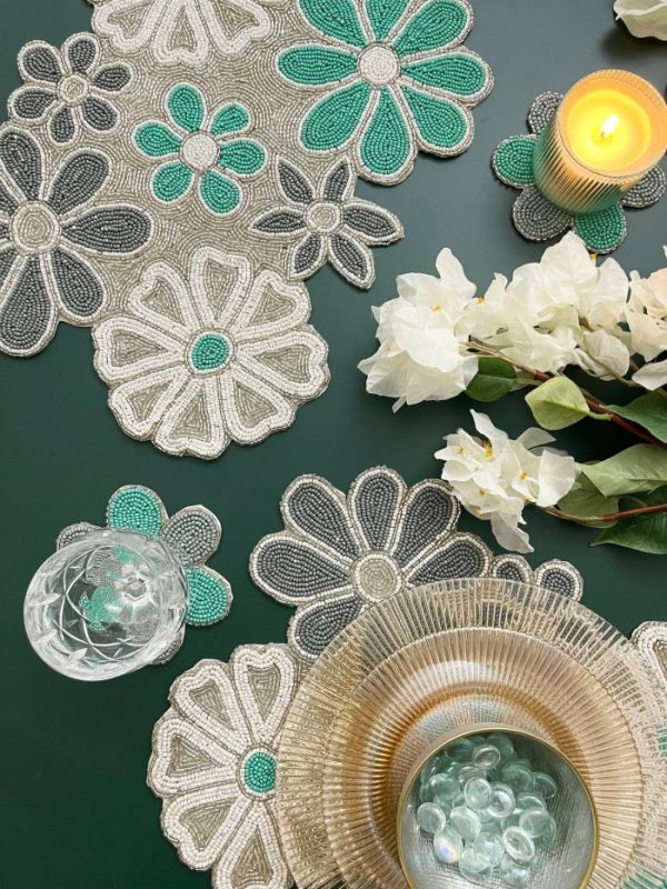 Table Linens | Turquoise Floral Beaded Table Runner And Placemat Set Drinkware Drinkware