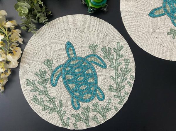 Table Linens | Turtle And Coral Round Beaded Placemat Kitchen Table Linens