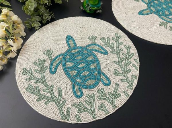 Table Linens | Turtle And Coral Round Beaded Placemat Kitchen Table Linens