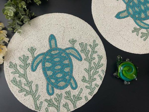 Table Linens | Turtle And Coral Round Beaded Placemat Kitchen Table Linens