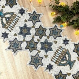 Table Linens | White And Blue Hanukkah Decorative Beaded Table Runner Kitchen Table Linens