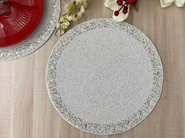 Table Linens | White And Glitzy Round Beaded Placemat Kitchen Table Linens