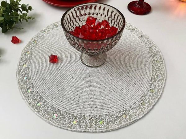 Table Linens | White And Glitzy Round Beaded Placemat Kitchen Table Linens