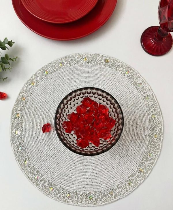 Table Linens | White And Glitzy Round Beaded Placemat Kitchen Table Linens