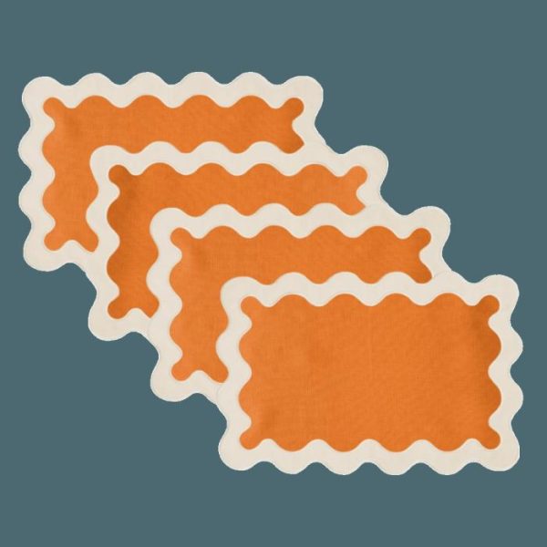 Table Linens | White And Orange 100% Linen Scallop Placemats – Set Of 4 Kitchen Table Linens