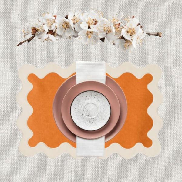 Table Linens | White And Orange 100% Linen Scallop Placemats – Set Of 4 Kitchen Table Linens