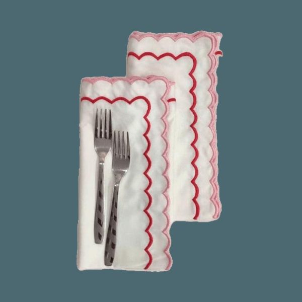 Table Linens | White Cotton Napkins With Pink And Red Trim Kitchen Table Linens