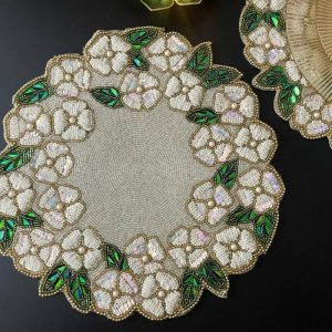 Table Linens | White Flower Beaded Round Placemats Kitchen Table Linens