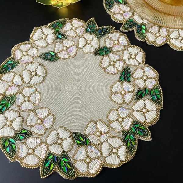 Table Linens | White Flower Beaded Round Placemats Kitchen Table Linens