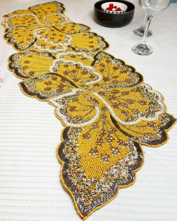 Table Linens | Yellow And Gold Floral Beaded Table Runner Kitchen Table Linens