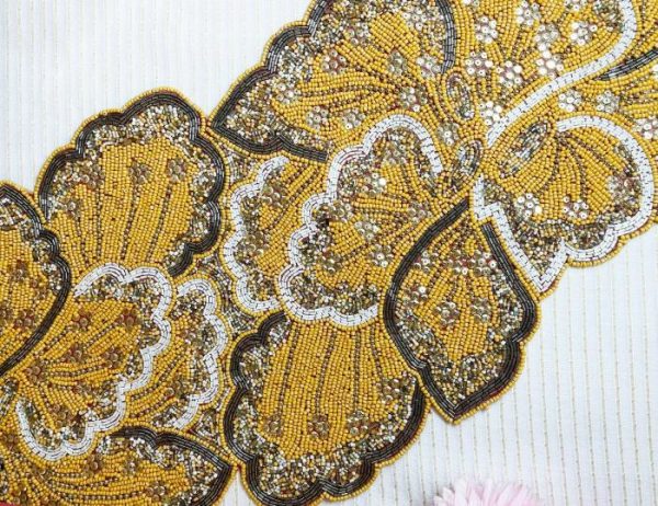 Table Linens | Yellow And Gold Floral Beaded Table Runner Kitchen Table Linens