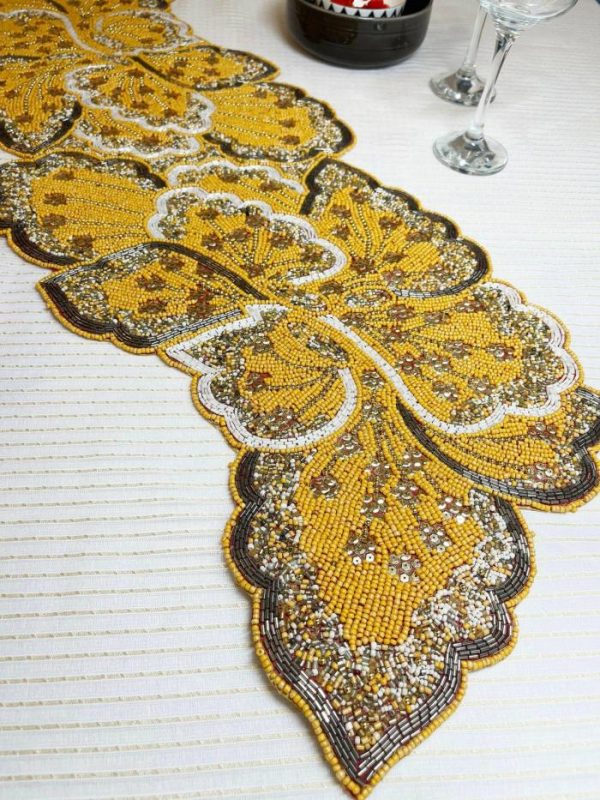 Table Linens | Yellow And Gold Floral Beaded Table Runner Kitchen Table Linens