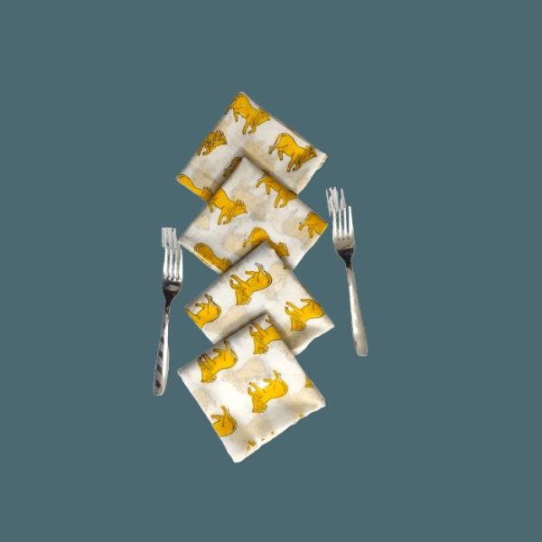 Table Linens | Yellow Cows Block Printed Cotton Napkins Kitchen Table Linens