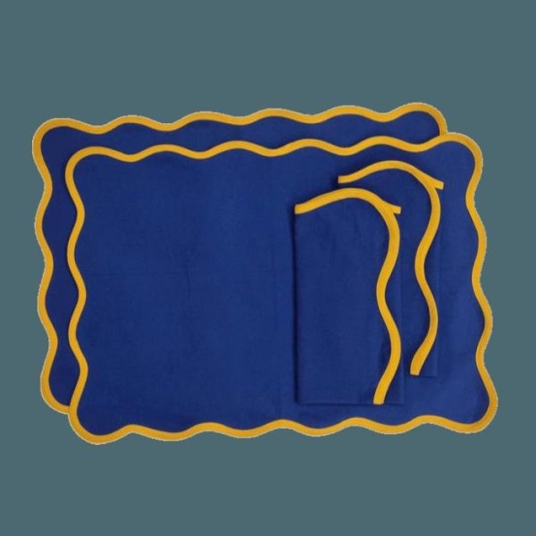 Table Linens | Yellow Scalloped Royal Blue Cotton Placemats, Placemats -Set of 4 Kitchen Table Linens