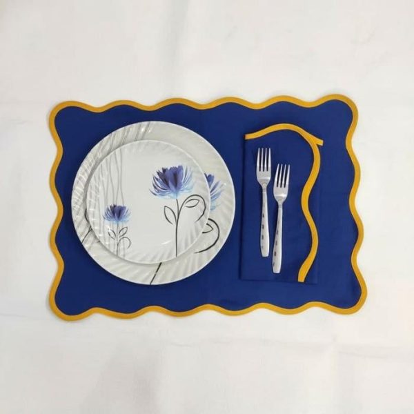 Table Linens | Yellow Scalloped Royal Blue Cotton Placemats, Placemats -Set of 4 Kitchen Table Linens