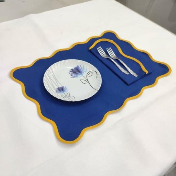 Table Linens | Yellow Scalloped Royal Blue Cotton Placemats, Placemats -Set of 4 Kitchen Table Linens