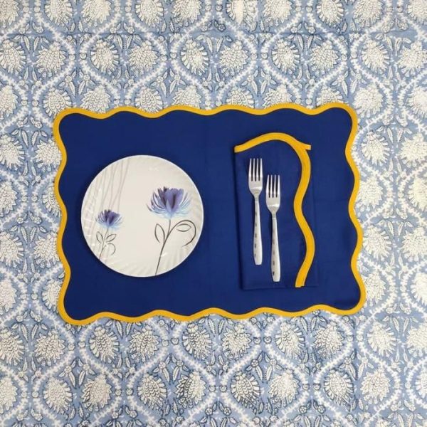 Table Linens | Yellow Scalloped Royal Blue Cotton Placemats, Placemats -Set of 4 Kitchen Table Linens