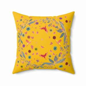 Throw Pillows | Bright Yellow Floral And Birds Printed Throw Pillow, 20" × 20" Home Decoration Throw Pillows