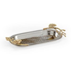 Trays & Storages | Silver Decorative Tray With Golden Orchide Leaf Handles Decor Trays & Storages