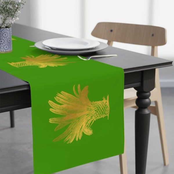 Utensils & Tools | Golden Palm Trees Green Table Runner, 90” × 16” Kitchen Table Linens