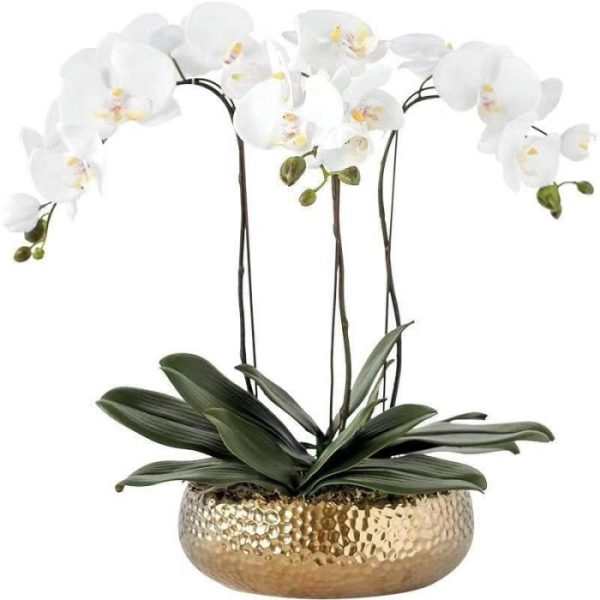 Vases & Jars | 3 Stems White Phalaenopsis Arrangement In Golden Ceramic Pot Decor Flora & Plants