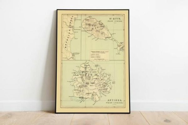 Vintage Wall Art | 1853 Antigua And Saint Kitts Islands Map Print, West Indies Map Poster, 16×20 inches Vintage Wall Art Vintage Wall Art