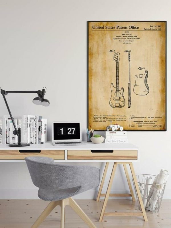 Vintage Wall Art | Bass Guitar Patent Print, Framed Art Print, 24×32 inches Vintage Wall Art Vintage Wall Art