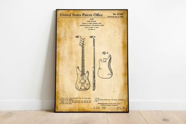 Vintage Wall Art | Bass Guitar Patent Print, Framed Art Print, 24×32 inches Vintage Wall Art Vintage Wall Art