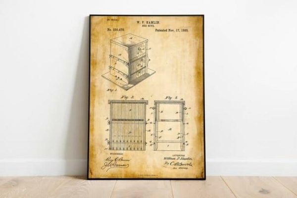 Vintage Wall Art | Bee Hive Patent Print, Framed Art Print, 16×22 inches Vintage Wall Art Vintage Wall Art