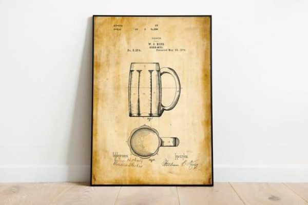 Vintage Wall Art | Beer Mug Patent Print, Framed Art Print, 12×16 inches Vintage Wall Art Vintage Wall Art