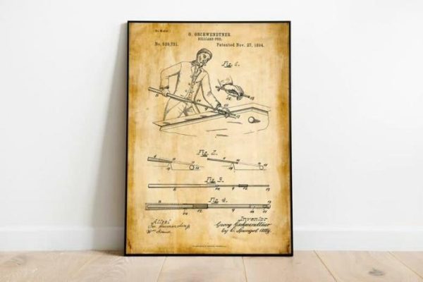 Vintage Wall Art | Billiards Cue Patent Print, Framed Art Print, 28×40 inches Vintage Wall Art Vintage Wall Art