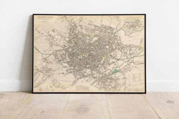 Vintage Wall Art | Birmingham City Map Wall Print, 1839 Birmingham Map, 12×14 inches Vintage Wall Art Vintage Wall Art