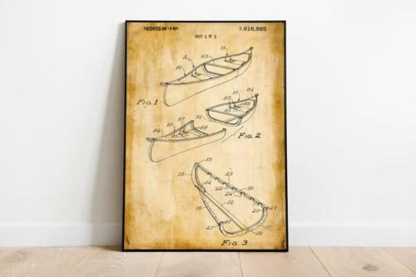 Vintage Wall Art | Canoe Patent Print, Framed Art Print, 24×32 inches Vintage Wall Art Vintage Wall Art