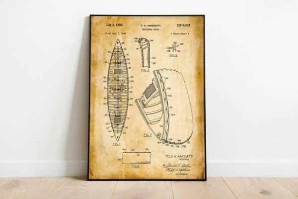 Vintage Wall Art | Canoe Patent Print, Framed Art Print, 28×40 inches Vintage Wall Art Vintage Wall Art