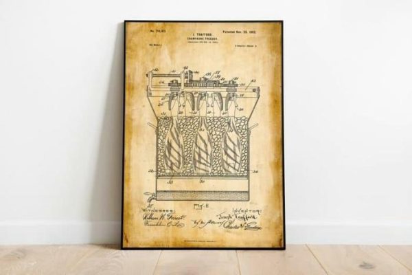 Vintage Wall Art | Champagne Freezer Patent Print, Framed Art Print, 20×28 inches Vintage Wall Art Vintage Wall Art