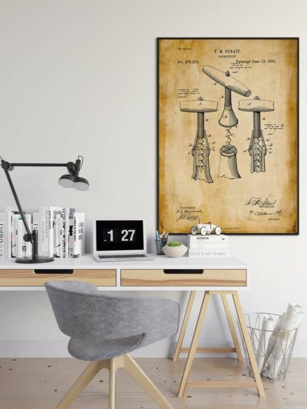 Vintage Wall Art | Corkscrew Patent Print, Framed Art Print, 20×28 inches Vintage Wall Art Vintage Wall Art