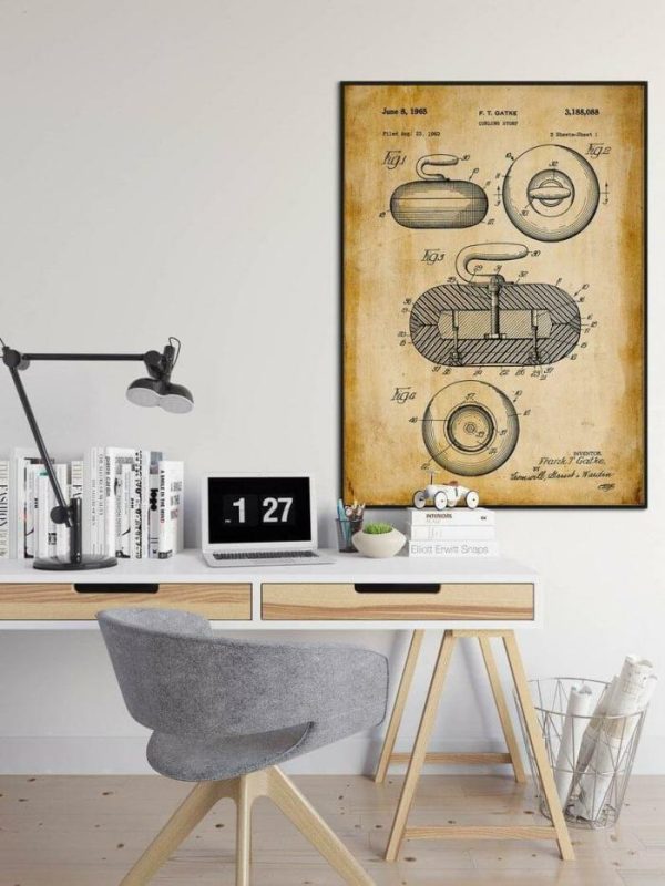 Vintage Wall Art | Curling Stone Patent Print, Framed Art Print, 12×16 inches Vintage Wall Art Vintage Wall Art