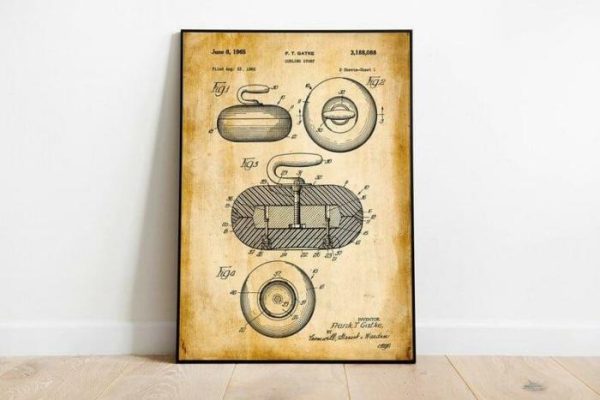 Vintage Wall Art | Curling Stone Patent Print, Framed Art Print, 12×16 inches Vintage Wall Art Vintage Wall Art