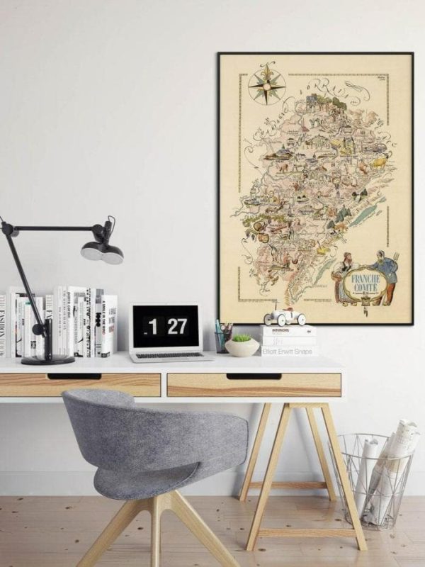 Vintage Wall Art | Decorative Map Of Bourgogne Franche Comte, France, Vintage Map Art, 28×40 inches Vintage Wall Art Vintage Wall Art