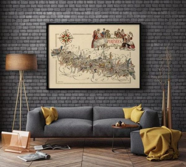 Vintage Wall Art | Decorative Map Of Pyrenees, France, Vintage Map Art, 16×22 inches Vintage Wall Art Vintage Wall Art