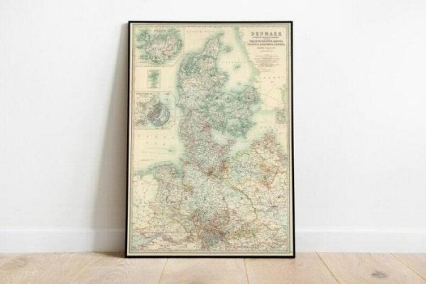 Vintage Wall Art | Denmark Map Wall Print, 1893 Denmark Map, 20×24 inches Vintage Wall Art Vintage Wall Art